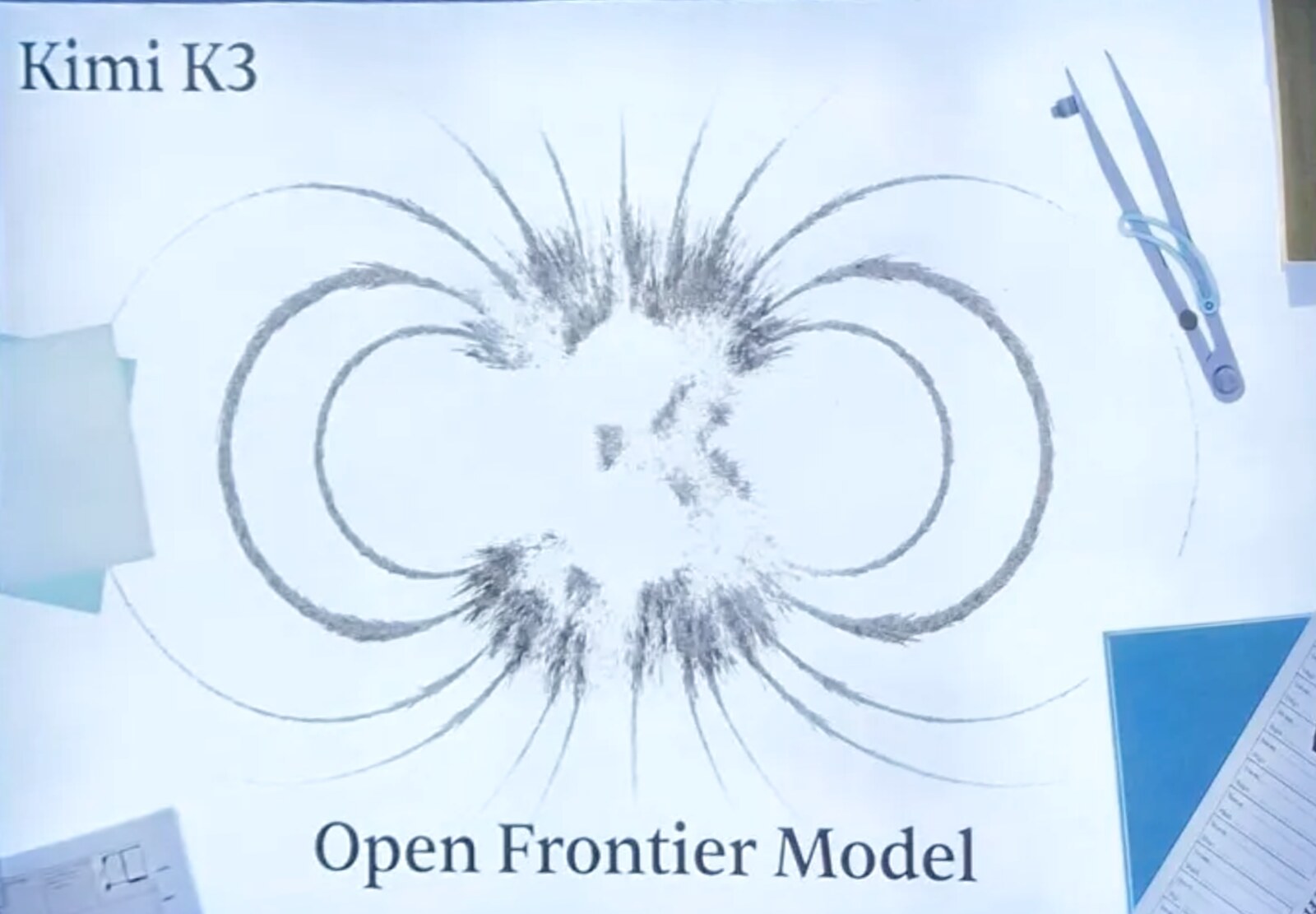 행사장에 전시된 Kimi K3 패널 — 자석 자기장 실험 아트 가운데 K3 글자가 있고, 아래에 Open Frontier Model 문구가 적혀 있다