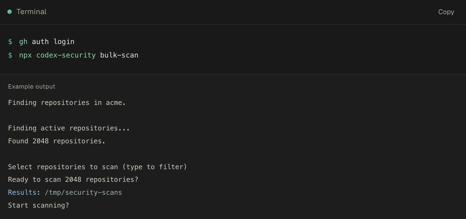 GitHub 인증 뒤 Codex Security CLI로 2,048개 저장소의 일괄 스캔을 준비하는 터미널 예시