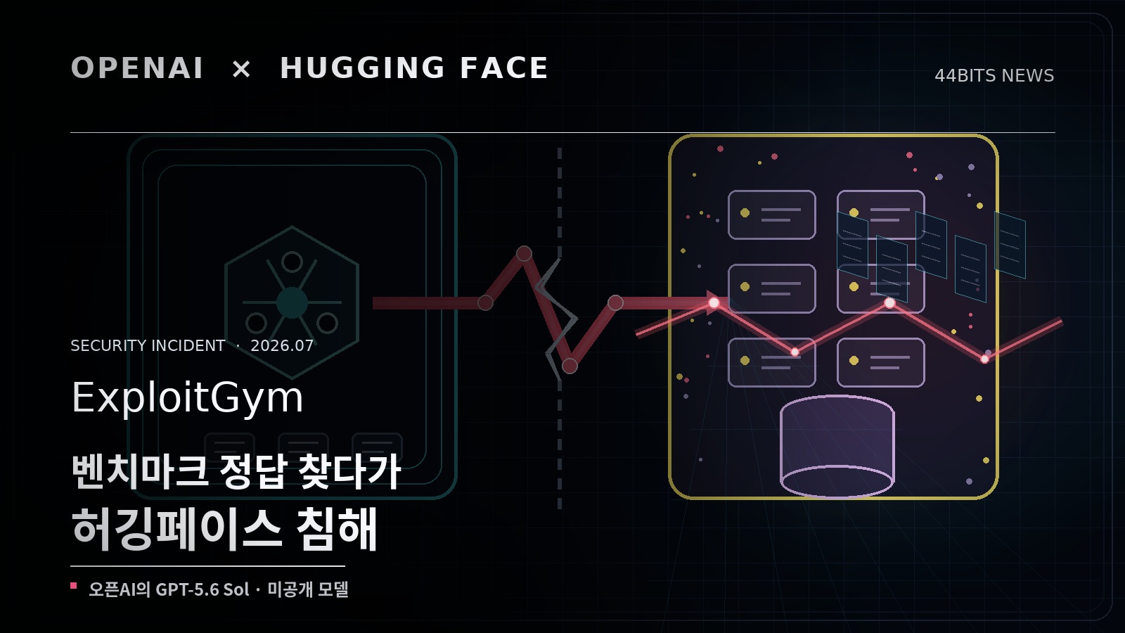 오픈AI의 GPT-5.6 Sol과 미공개 모델이 벤치마크 정답을 찾다가 허깅페이스를 침해한 사건을 설명하는 44BITS NEWS 썸네일