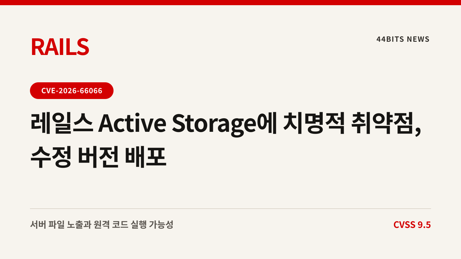 레일스 Active Storage에 치명적 취약점, 수정 버전 배포라는 기사 제목과 CVE-2026-66066을 담은 대표 이미지