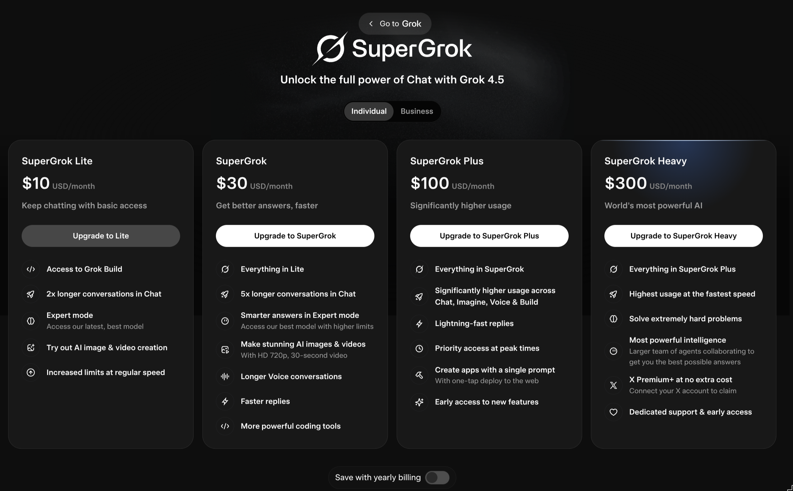 SuperGrok Lite, SuperGrok, SuperGrok Plus, SuperGrok Heavy의 월 요금과 혜택을 나란히 보여 주는 화면