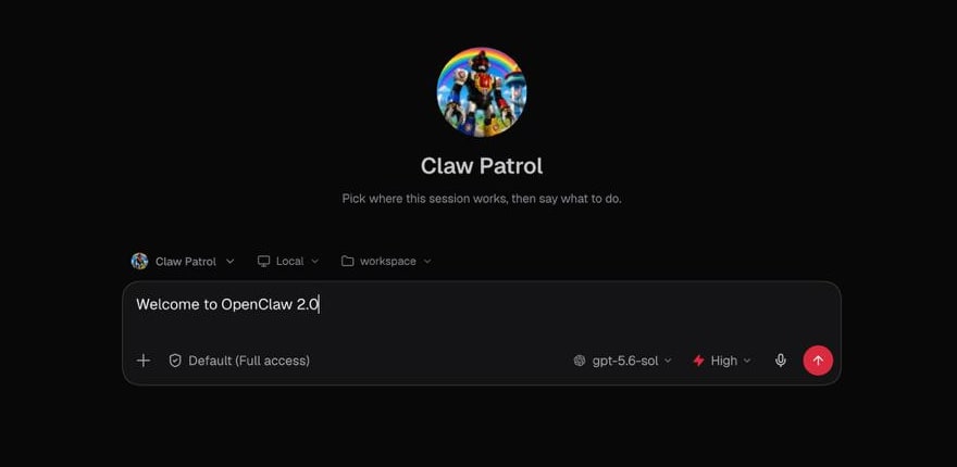 Claw Patrol 에이전트와 Local 실행 위치, 작업 공간, 권한 모드 및 모델 선택기가 보이는 OpenClaw 브라우저 앱