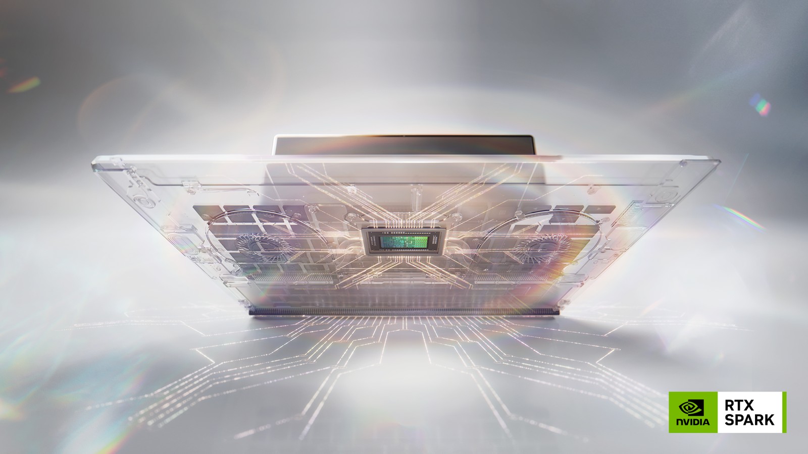 투명하게 표현한 노트북 내부 중앙의 RTX Spark 칩과 NVIDIA RTX Spark 로고