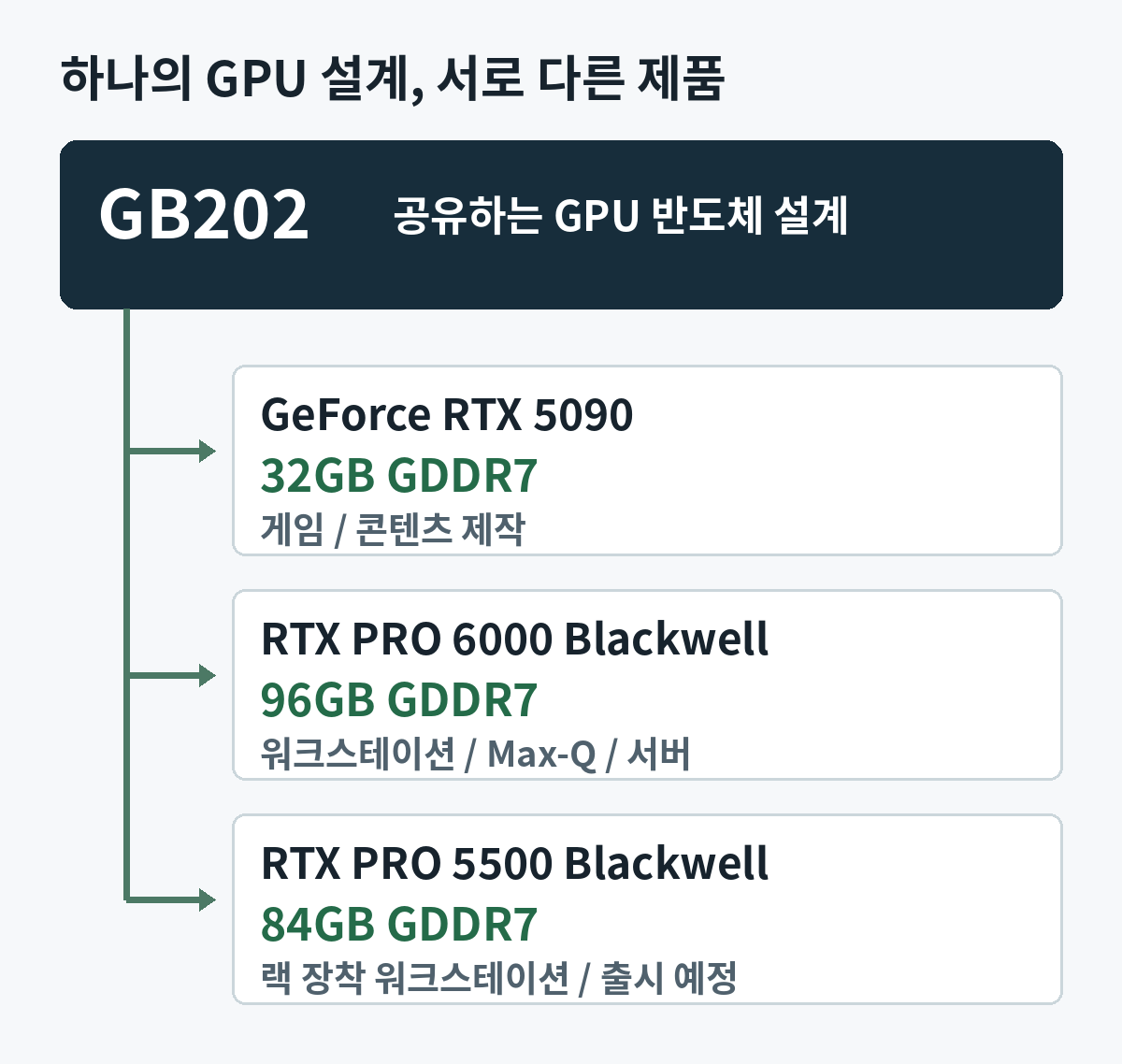 GB202 설계를 공유하는 RTX 5090 32GB, RTX PRO 6000 Blackwell 96GB, RTX PRO 5500 Blackwell 84GB의 관계도